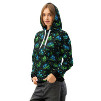 Bioluminescent Forest Hoodie with glowing mushrooms and fireflies all-over print on black cotton fabric