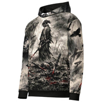 Dark seinen samurai hoodie with ink wash anime swordsman design and subtle blood-red accents