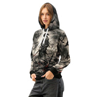 Seinen samurai hoodie with ink wash anime swordsman design and red accents on dark fabric
