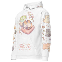Unisex Anime Cat AOP Hoodie with all-over kawaii cat café print in pastel colors on cotton fabric