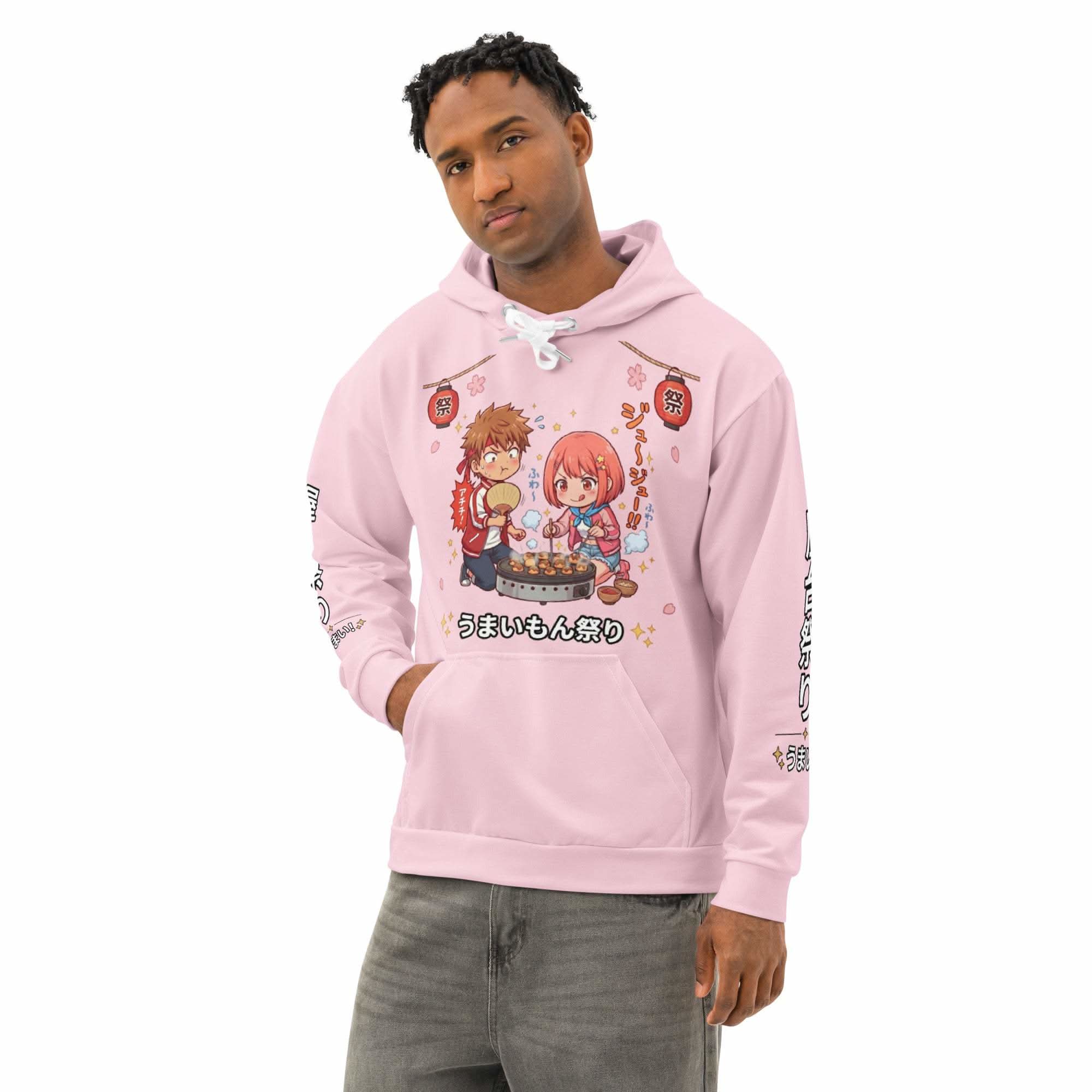 Unisex Chibi Food Festival Hoodie with kawaii anime street food print and vibrant all-over design