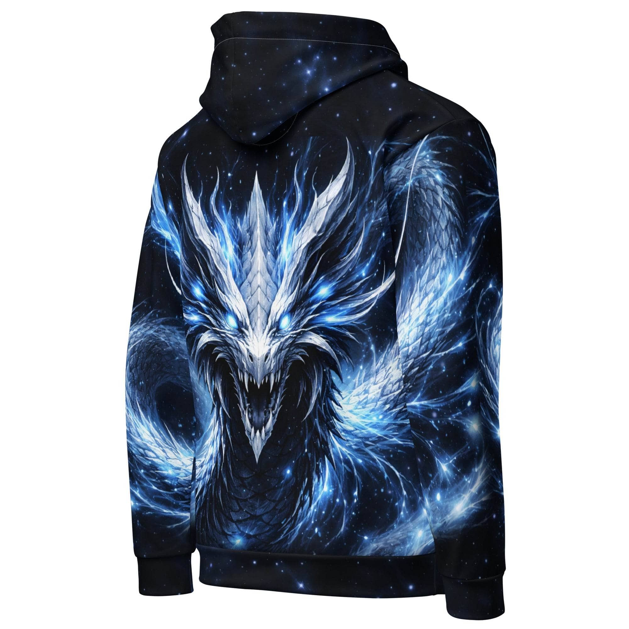 Unisex cotton hoodie with all-over print fantasy dragon glowing blue design for streetwear and casual wear