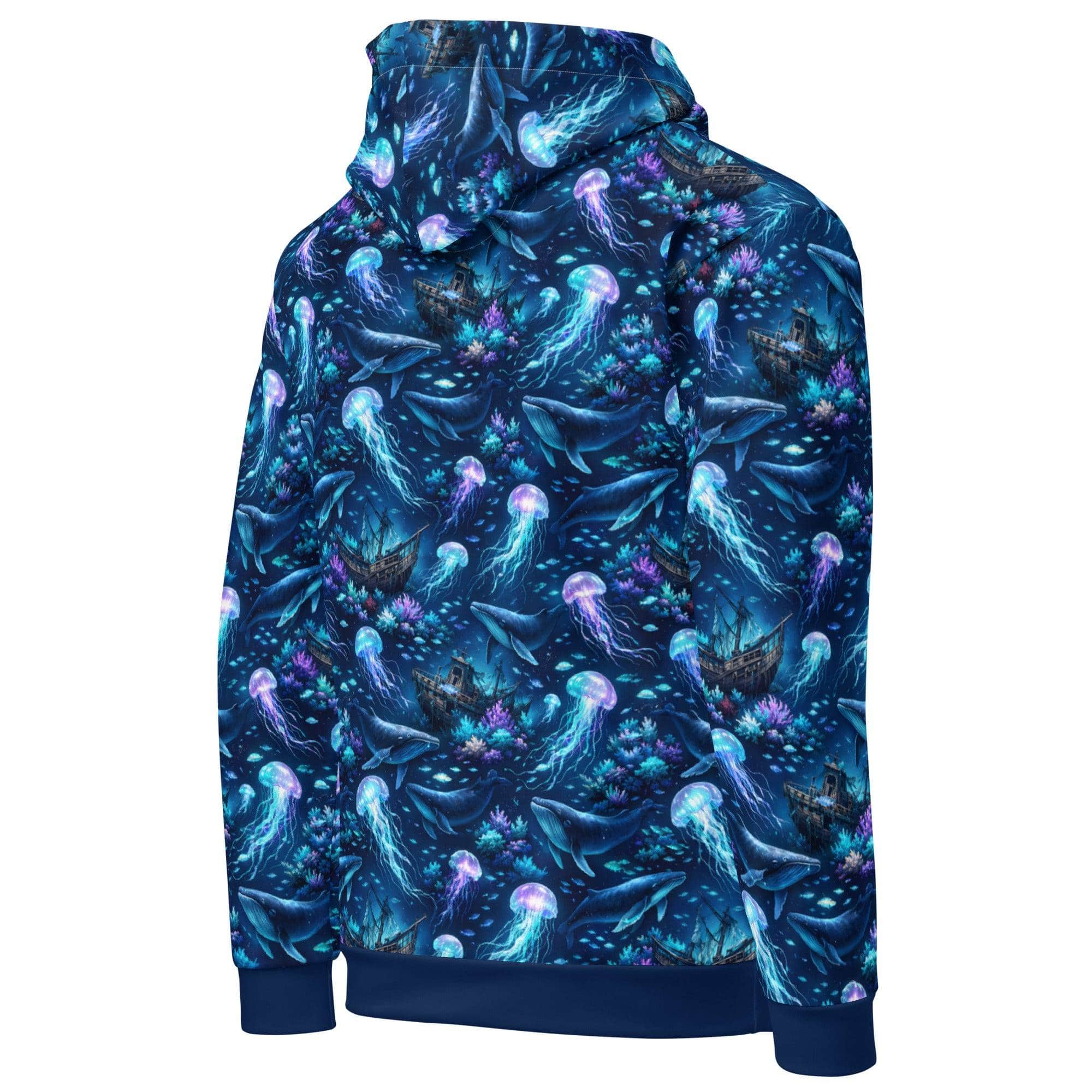Unisex cotton hoodie with ocean jellyfish and whale marine design