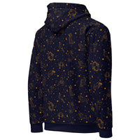 Blue Zodiac Constellation hoodie with deep blue celestial zodiac print on unisex cotton pullover