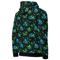 Bioluminescent Forest Hoodie with glowing mushrooms and fireflies all-over print in neon green and blue on black cotton fabric