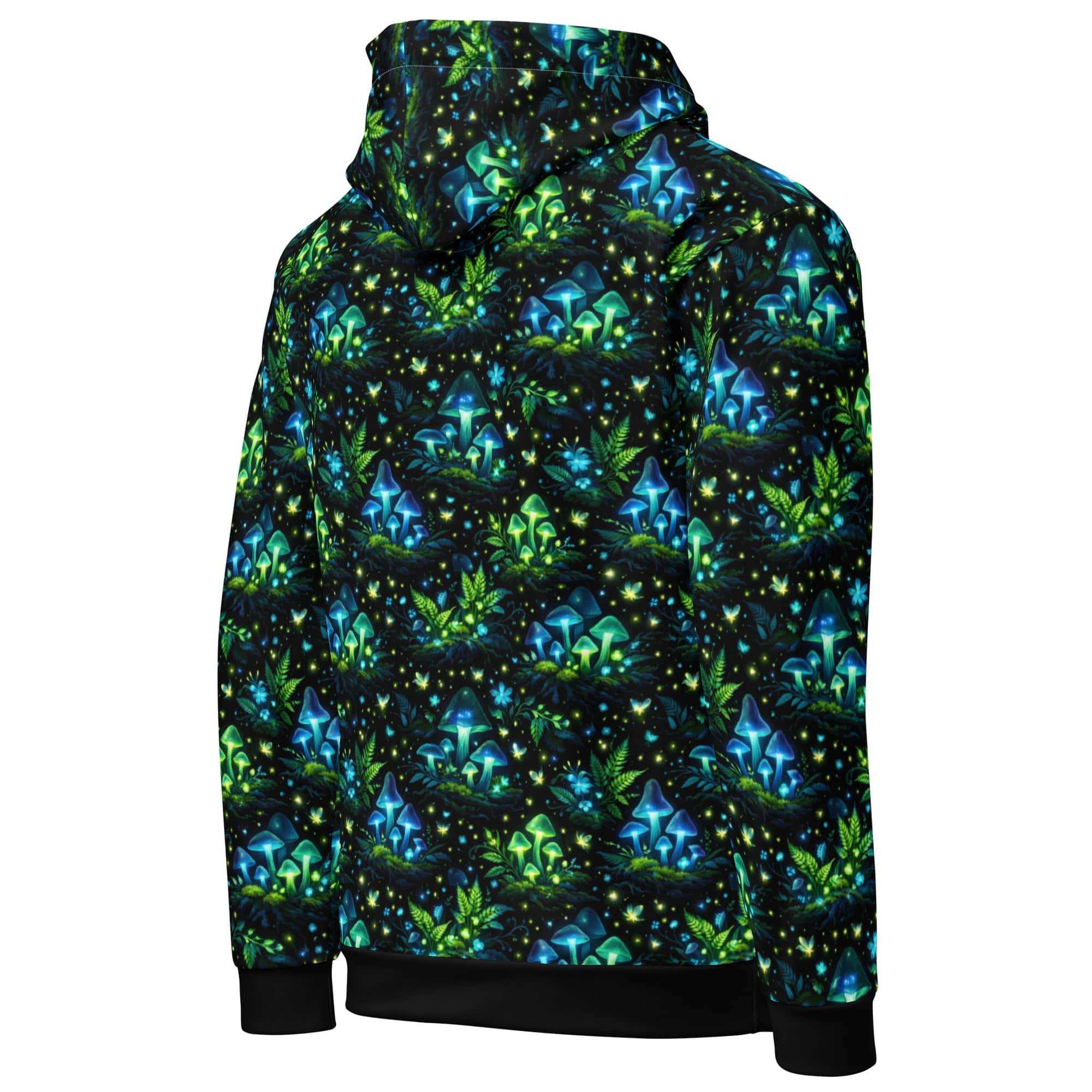 Bioluminescent Forest Hoodie with glowing mushrooms and fireflies all-over print in neon green and blue on black cotton fabric
