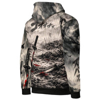 Dark seinen samurai hoodie featuring ink wash anime swordsman artwork with blood-red accents and streetwear style