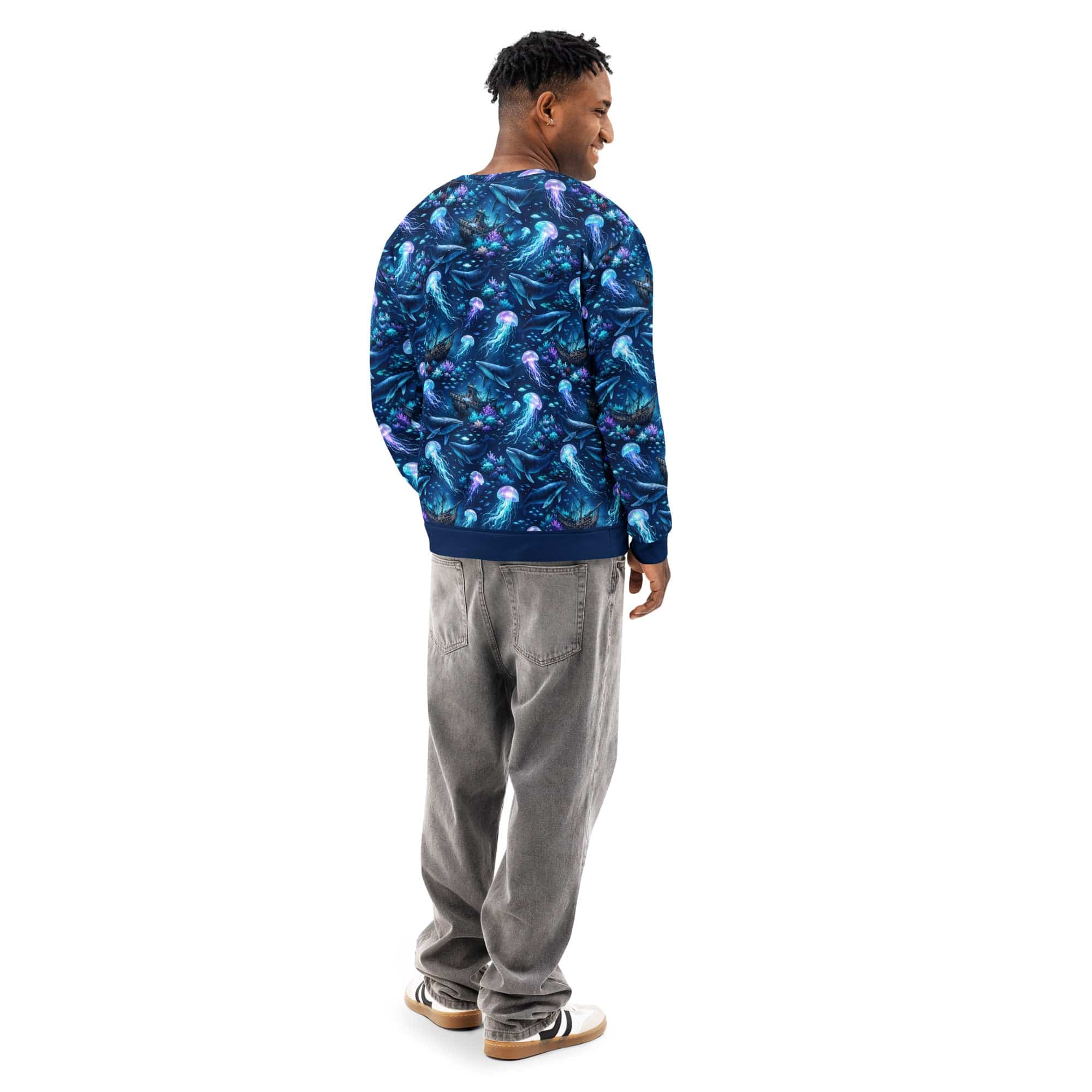 Ocean Jellyfish Whale Sweatshirt - All Over Print Marine Life Sea Turtle Unisex Pullover worn by a model from the back.