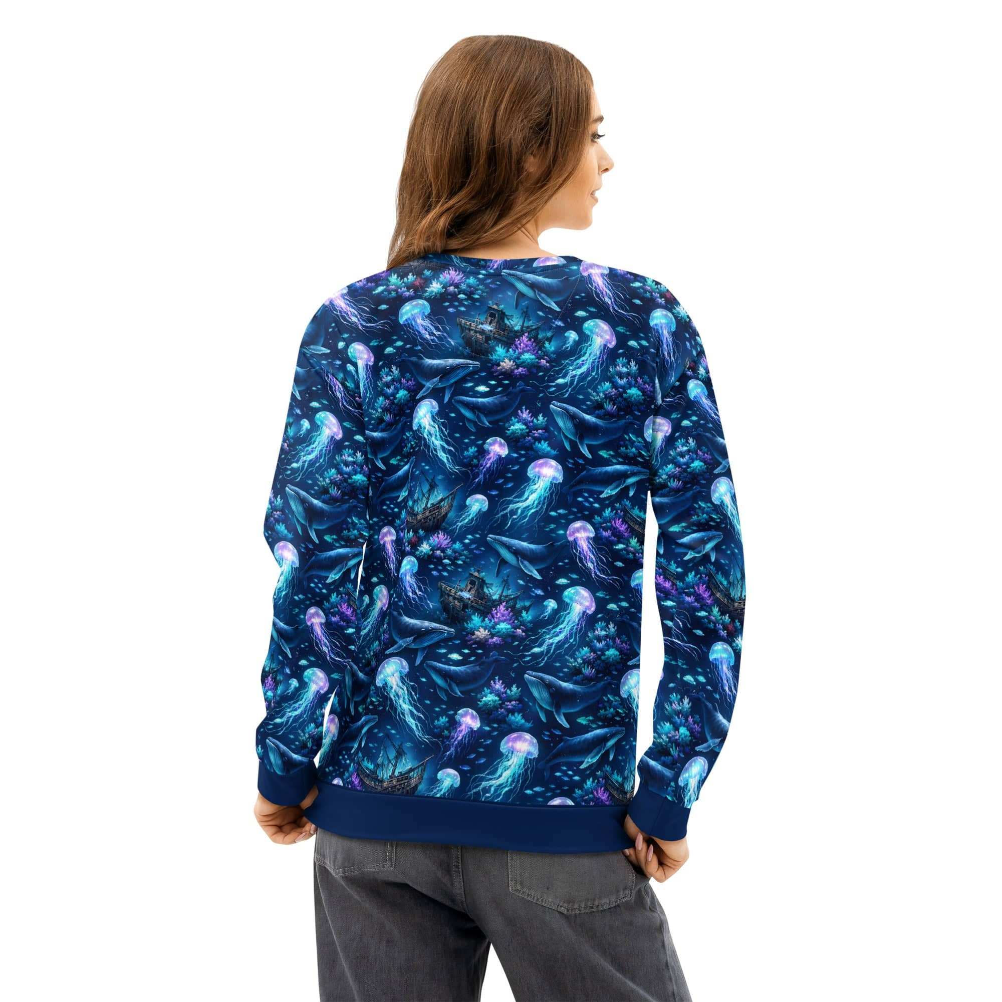 Ocean Jellyfish Whale Sweatshirt - All Over Print Marine Life Sea Turtle Unisex Pullover featuring a detailed jellyfish design.