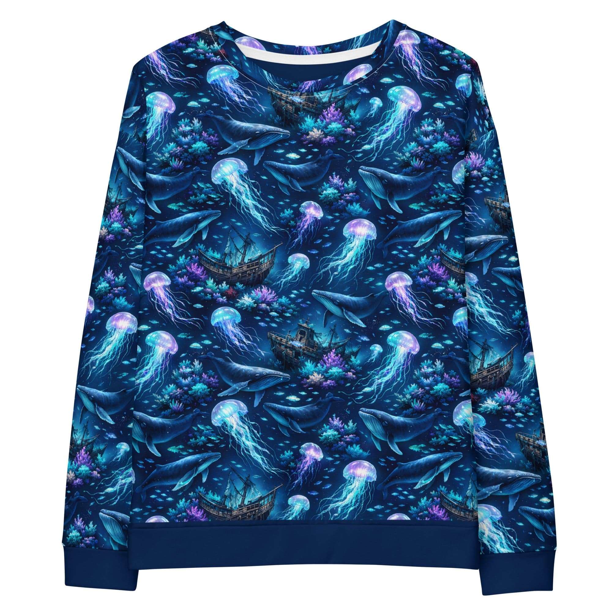 Ocean Jellyfish Whale Sweatshirt - All Over Print Marine Life Sea Turtle Unisex Pullover with vibrant marine life design.