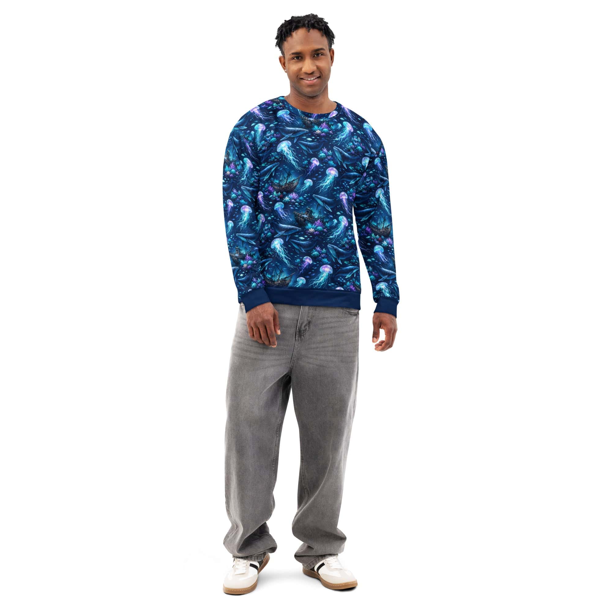 Ocean Jellyfish Whale Sweatshirt - All Over Print Marine Life Sea Turtle Unisex Pullover worn by model with vibrant ocean print.