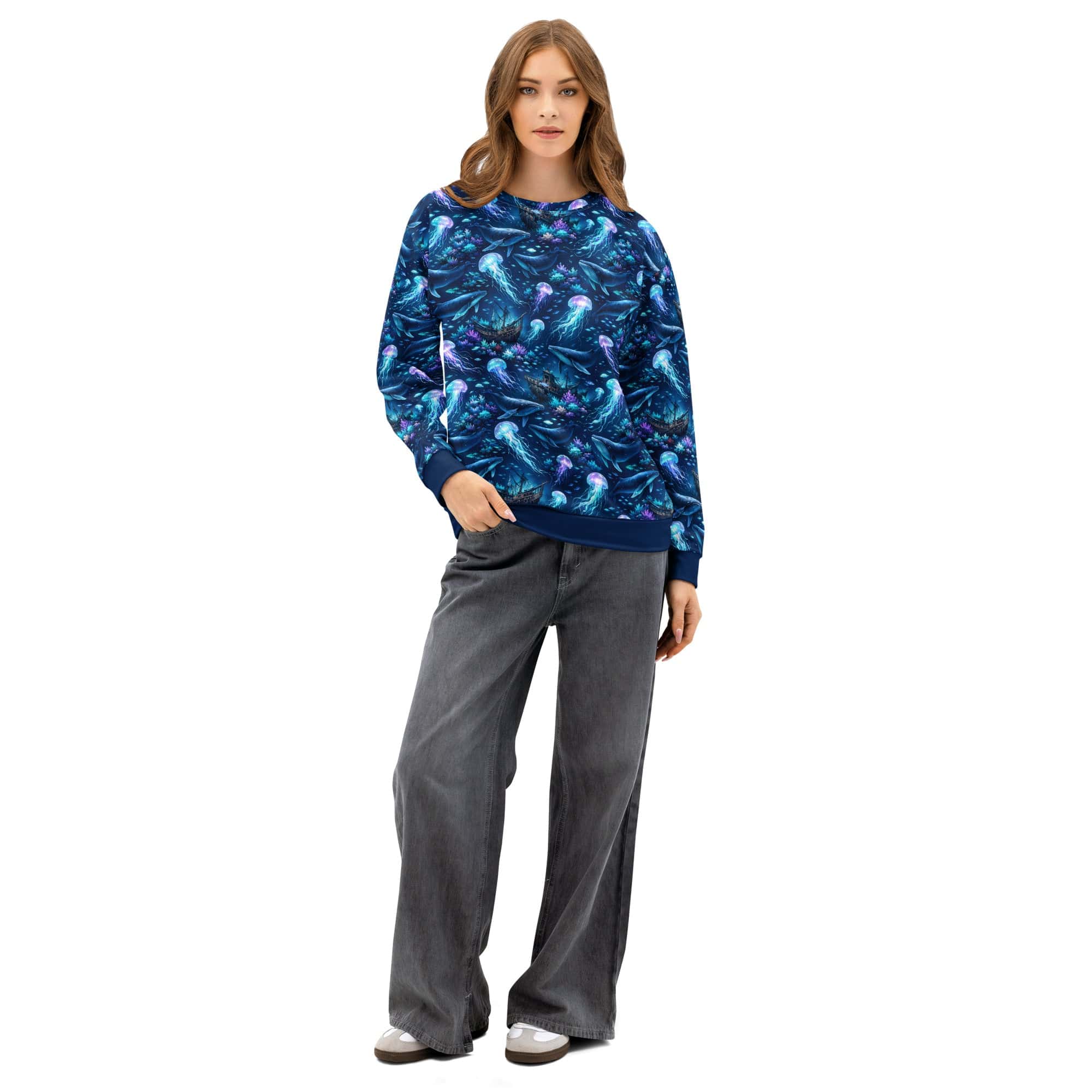 Ocean Jellyfish Whale Sweatshirt - All Over Print Marine Life Sea Turtle Unisex Pullover worn by a model in a blue underwater design.