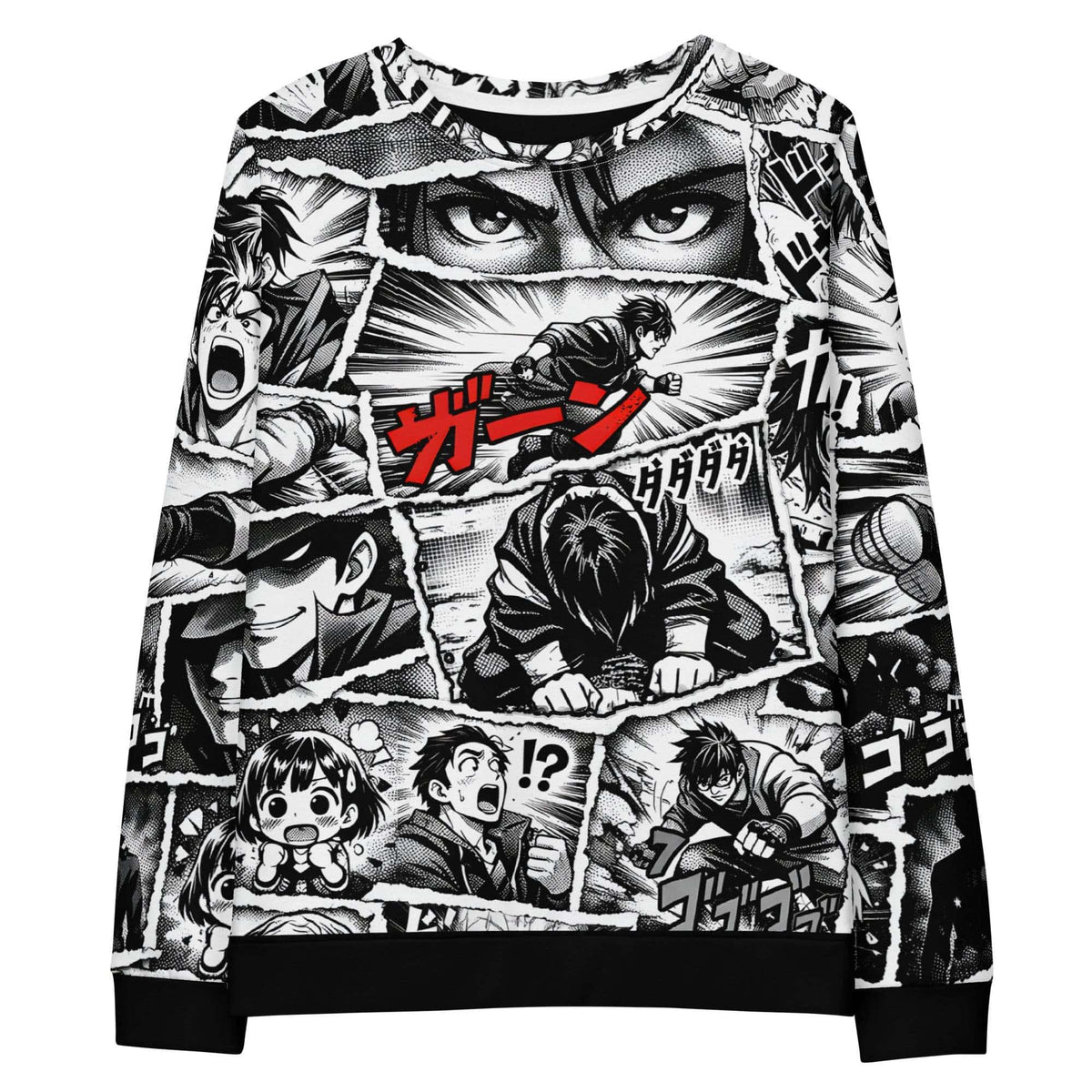 Manga panel sweatshirt with black-and-white comic collage and Japanese sound effects in a relaxed fit cotton blend