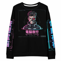 Cyberpunk anime sweatshirt with Tokyo neon alley design, vibrant all-over print, soft cotton blend, relaxed fit streetwear