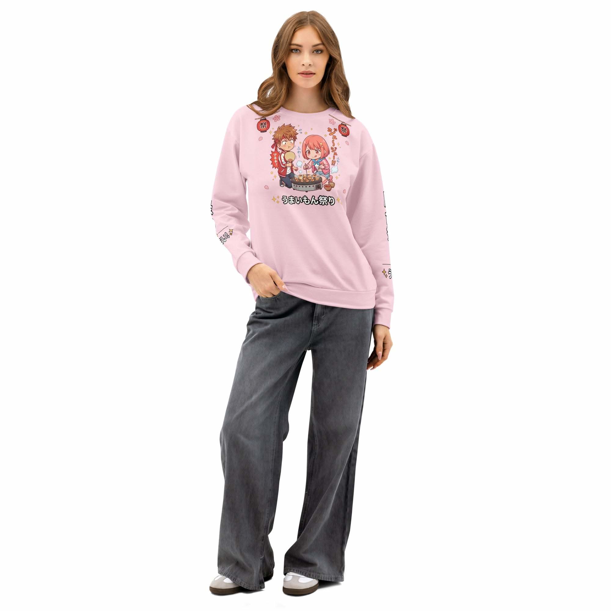 Chibi Food Festival Sweatshirt vibrant kawaii anime Japanese street food all over print unisex cotton crewneck