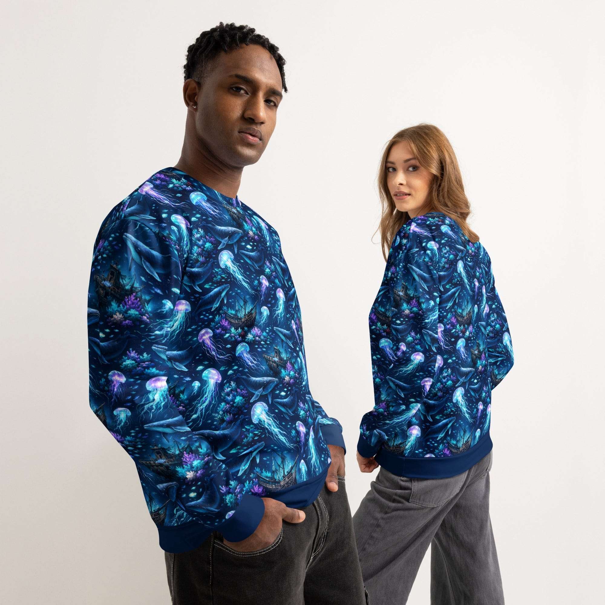 Ocean Jellyfish Whale Sweatshirt - All Over Print Marine Life Sea Turtle Unisex Pullover modelled by two people.