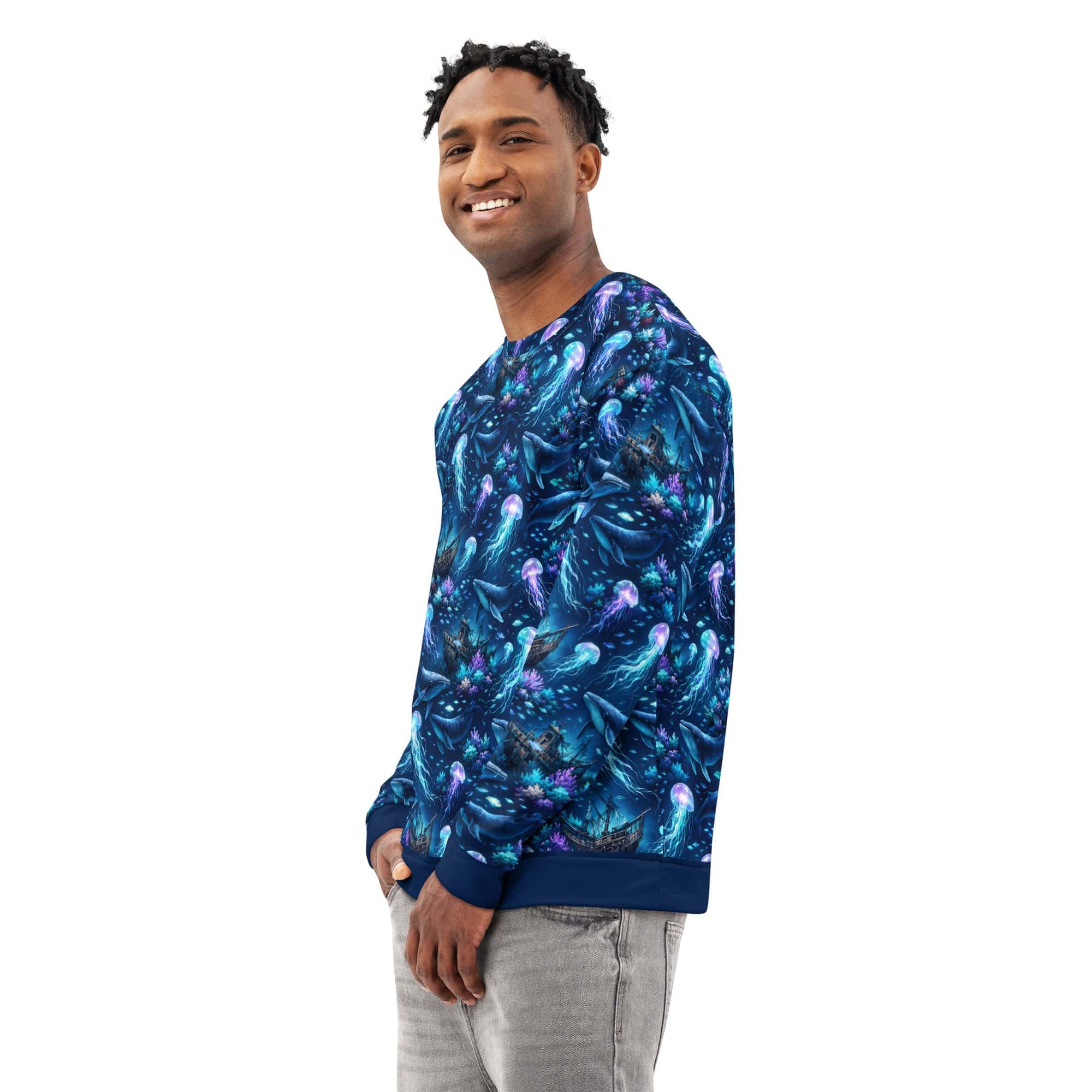 Ocean Jellyfish Whale Sweatshirt - All Over Print Marine Life Sea Turtle Unisex Pullover on a model smiling