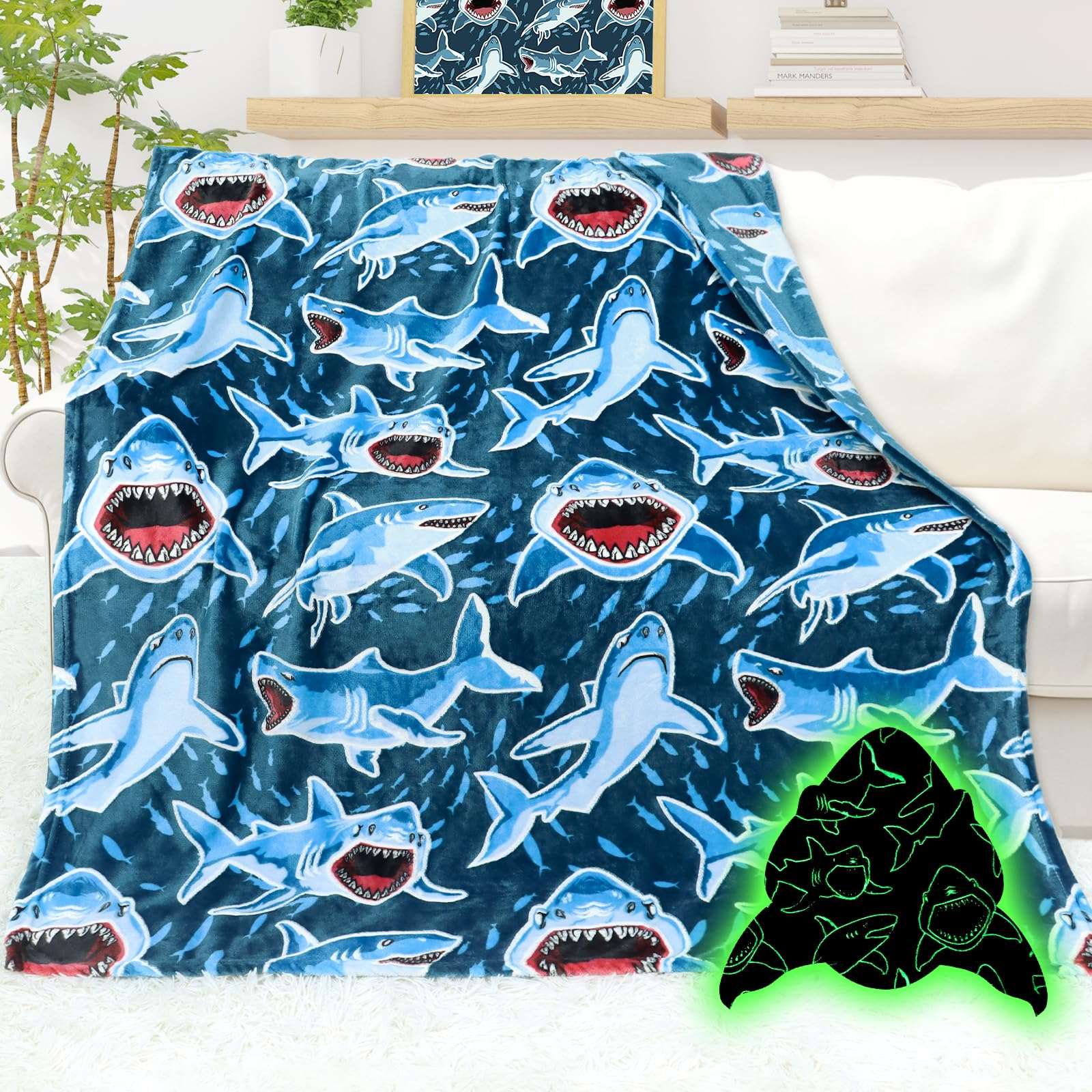 Glowing Shark Ocean Blanket for kids with vibrant glowing shark design, 60x80 inches, soft plush material, ocean-themed warmth and comfort