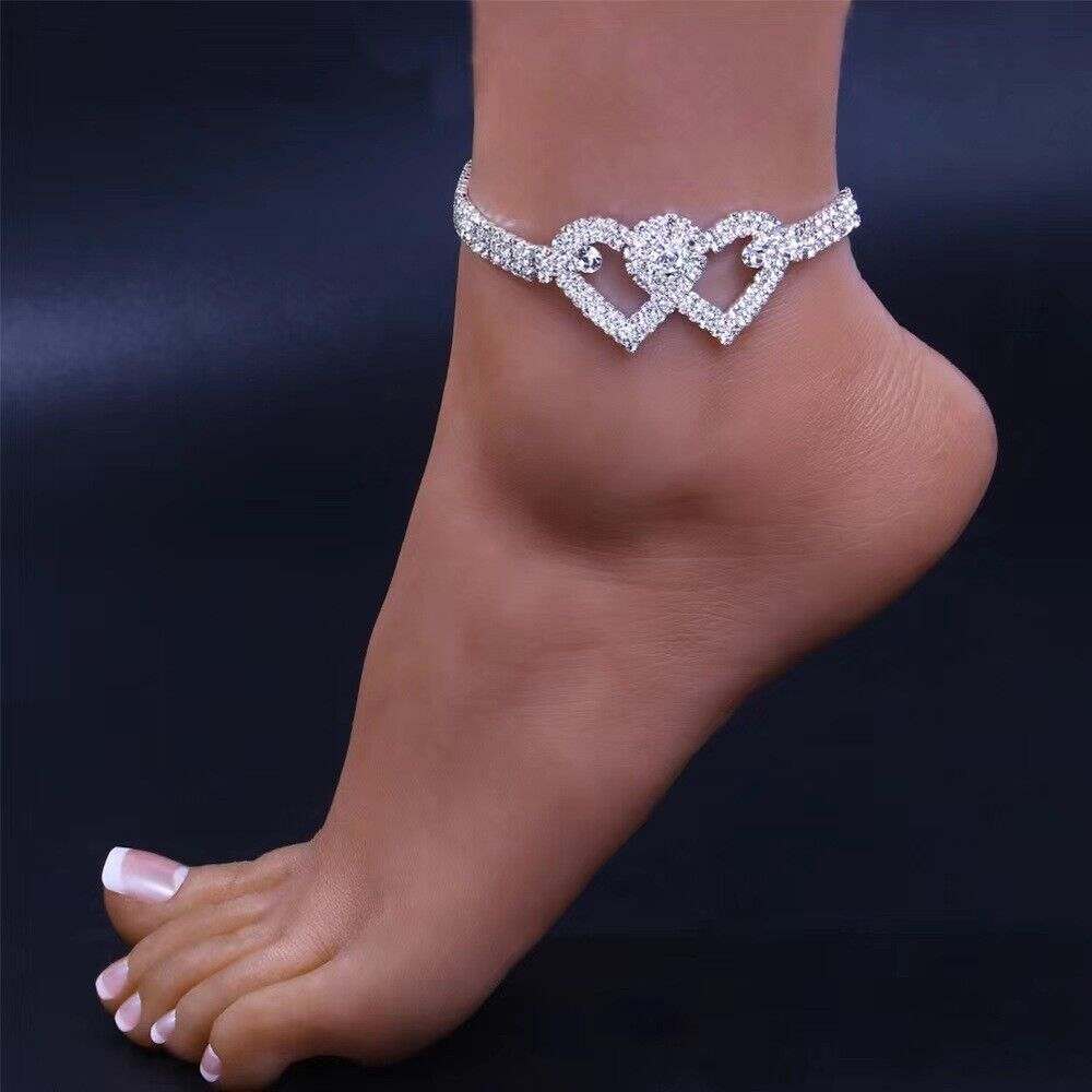 Double Heart Crystal Anklet with intertwined hearts and shimmering crystals for summer and festive wear
