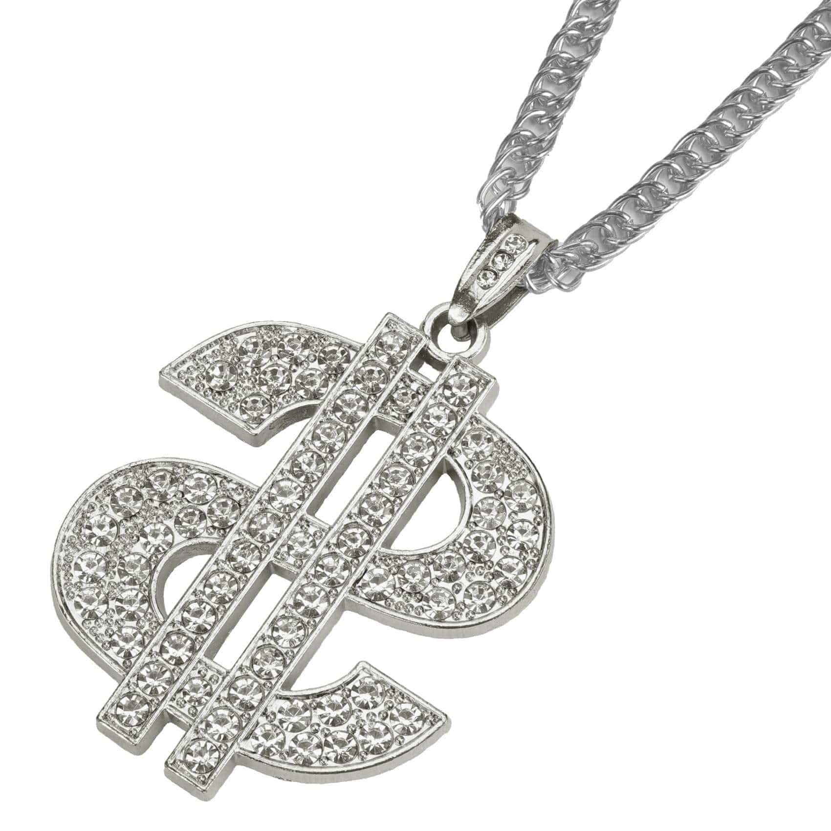 Gold dollar sign necklace with thick chain, 80s style fashion accessory