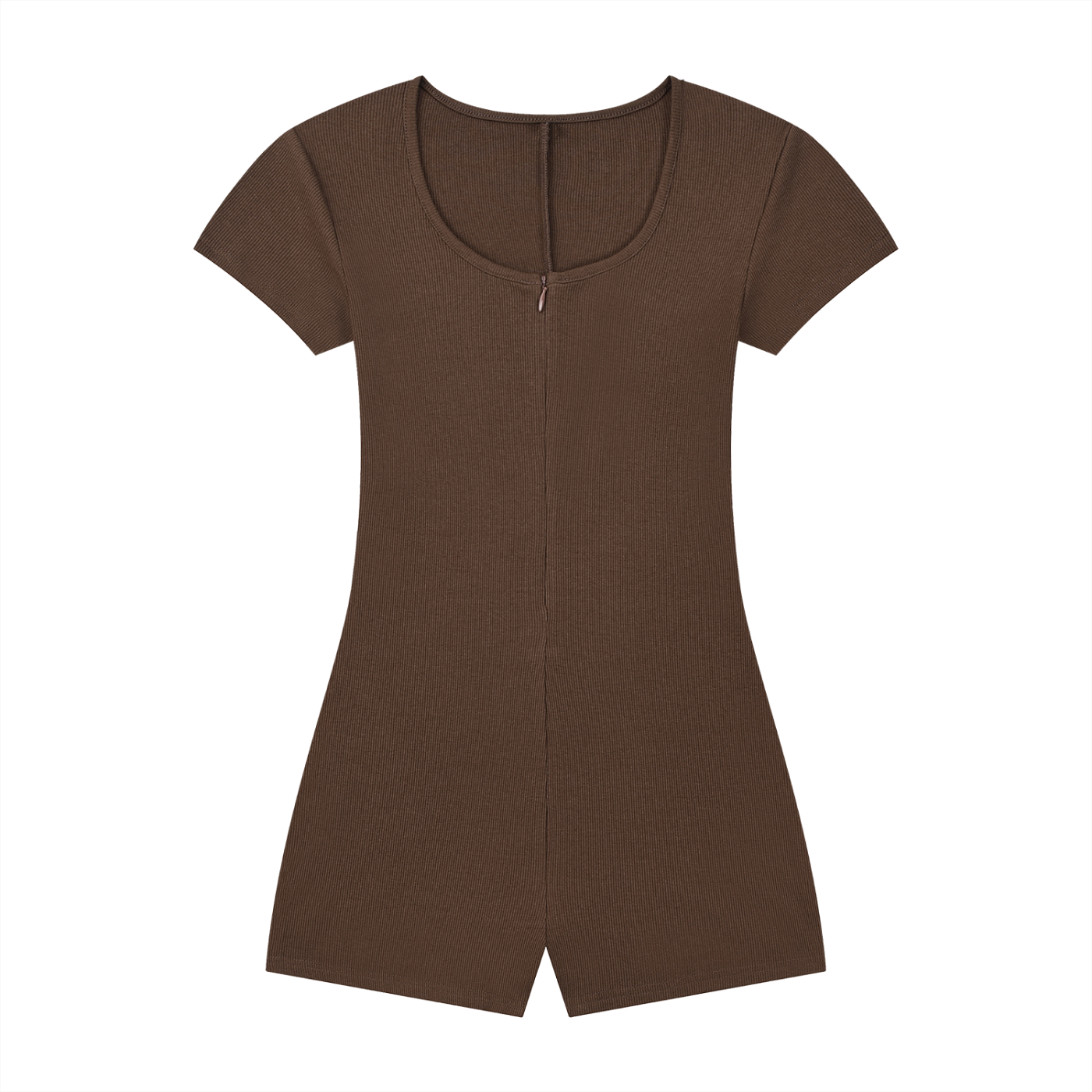 Woman wearing a fitted women’s ribbed tie-waist cape romper with scoop neckline and short sleeves