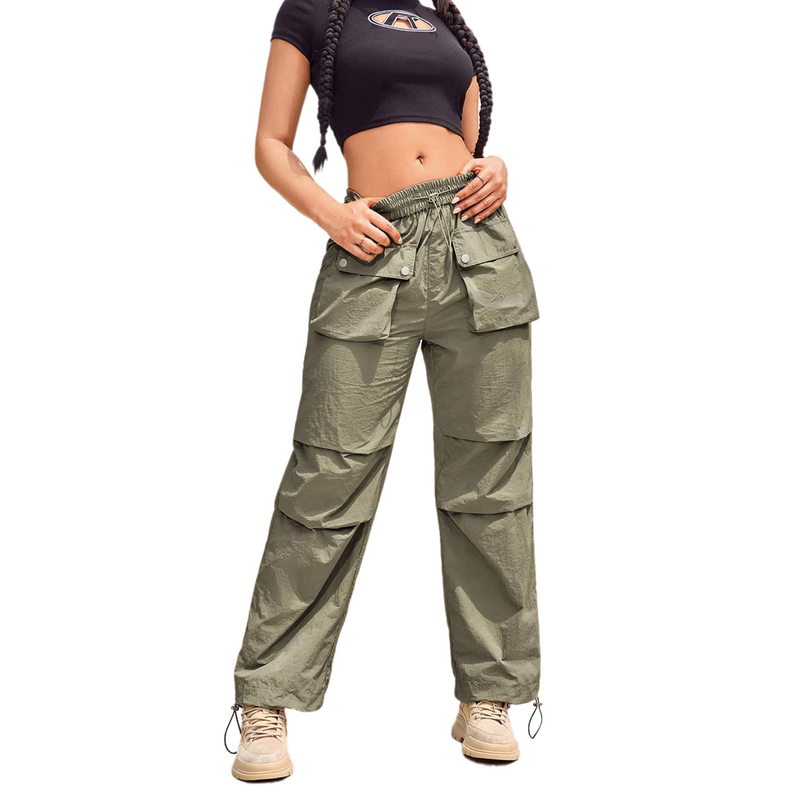 High waisted cargo joggers with adjustable drawstring and multiple pockets for women, lightweight and breathable fabric.
