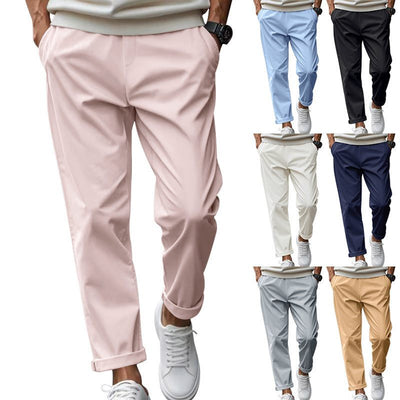 Men's casual loose fit trousers with pockets in various colors, made of quick-drying polyester fiber, featuring a mid-waist drawstring waist and straight leg design.