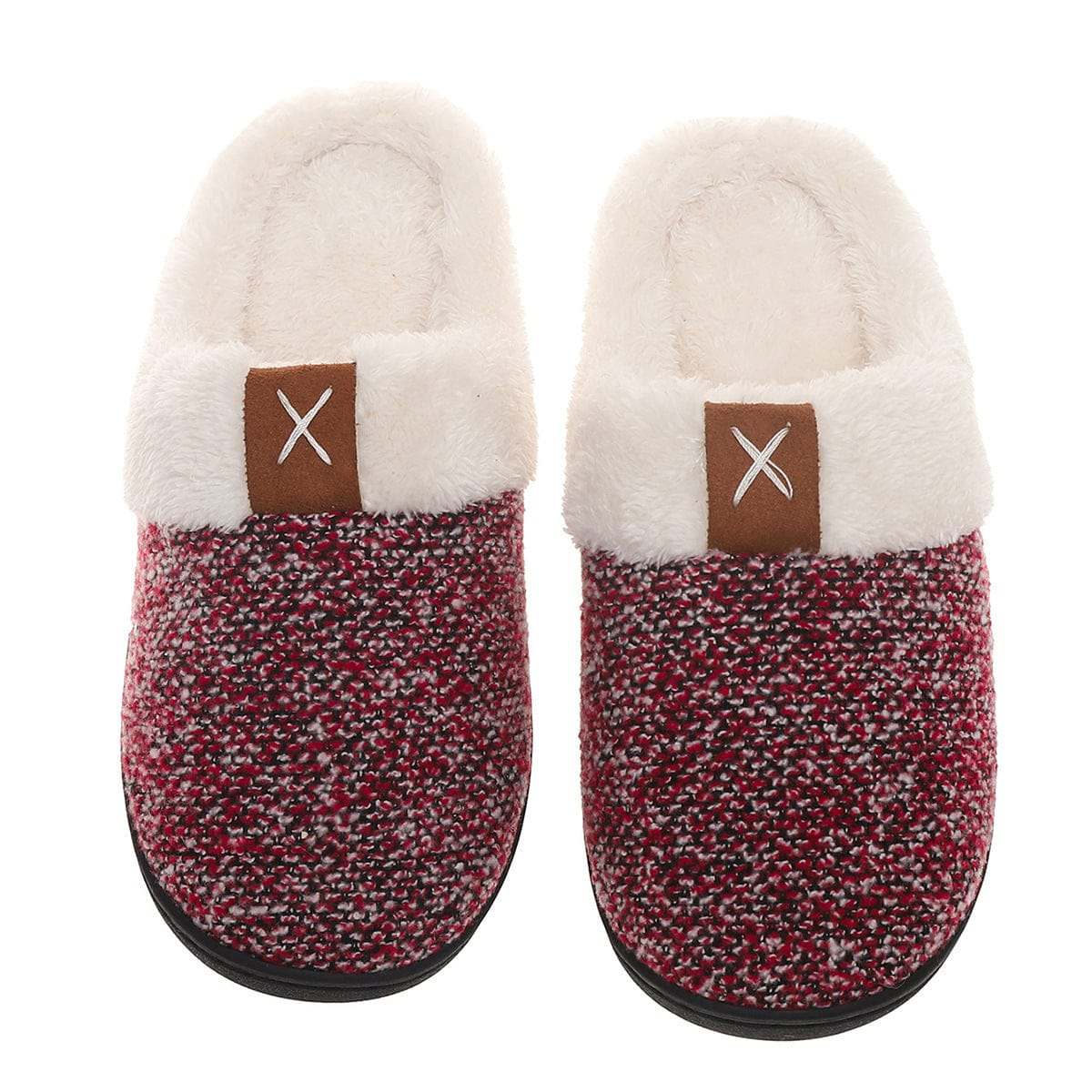 Pair of winter plush slippers in burgundy and black with cartoon pattern, thick and warm, anti-slip soles for home use.