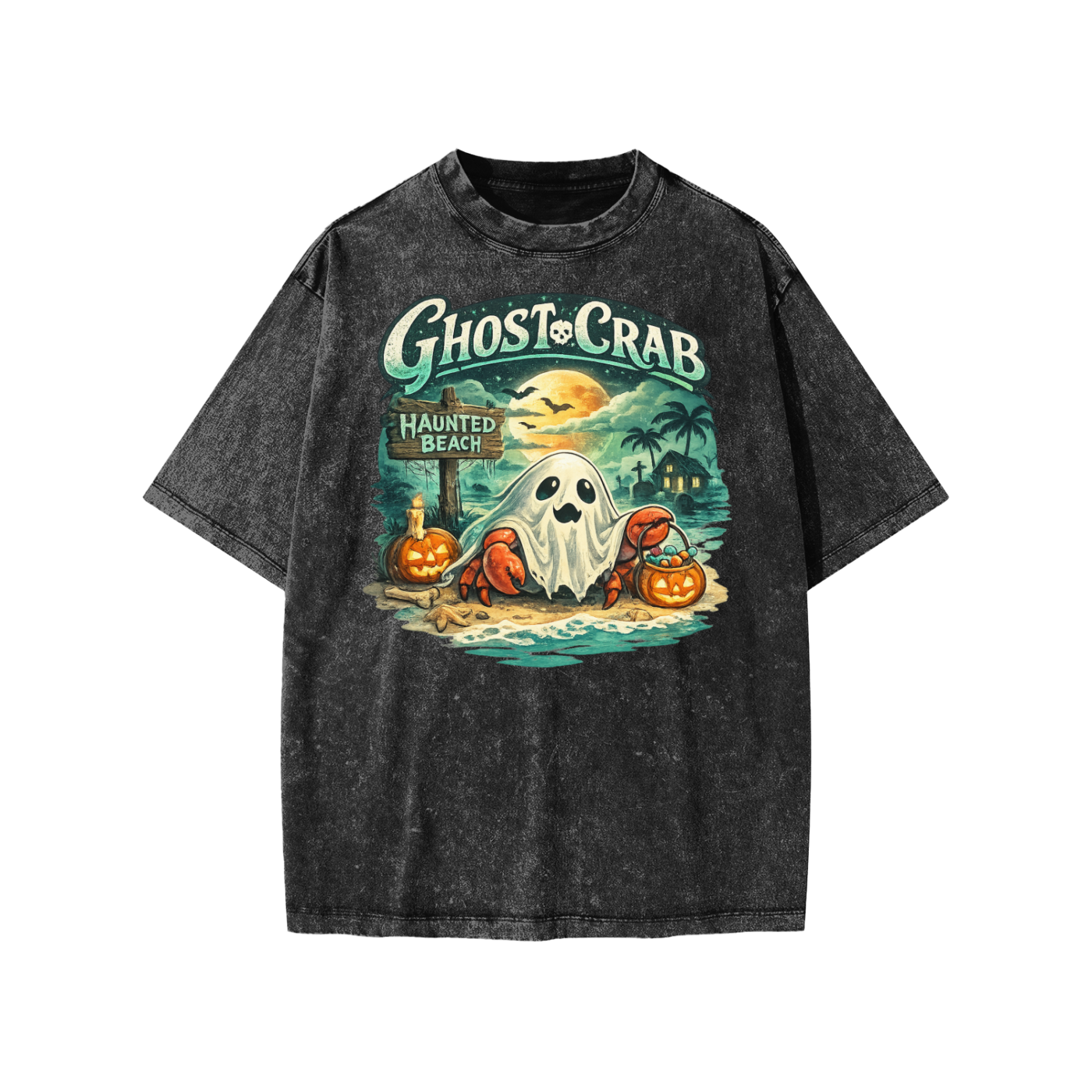 Ghost Crab Snow Washed Kids' T-Shirt with vintage coastal Halloween graphic on white cotton fabric