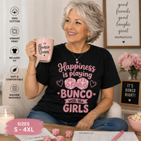 Pink "Happiness Is Playing Bunco with the Girls" t-shirt featuring dice and hearts design, lightweight cotton, relaxed fit