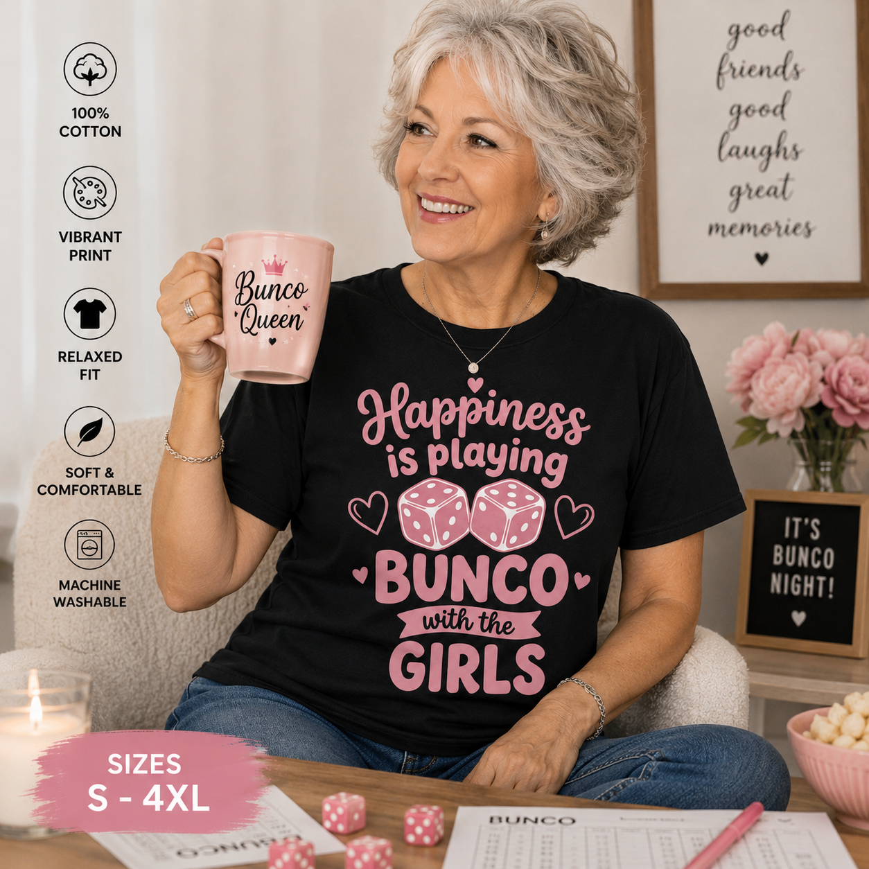 Pink "Happiness Is Playing Bunco with the Girls" t-shirt featuring dice and hearts design, lightweight cotton, relaxed fit