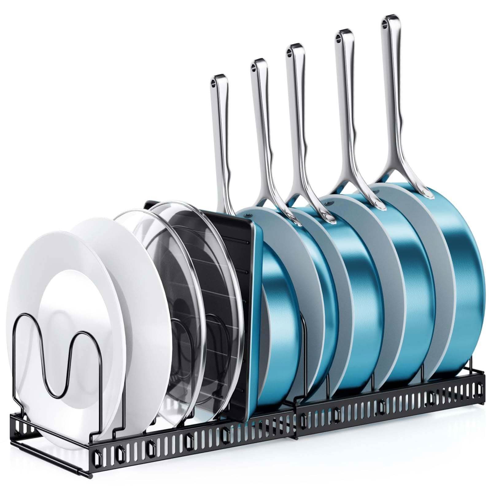 Adjustable kitchen rack with expandable pot and pan organizer for cabinet storage
