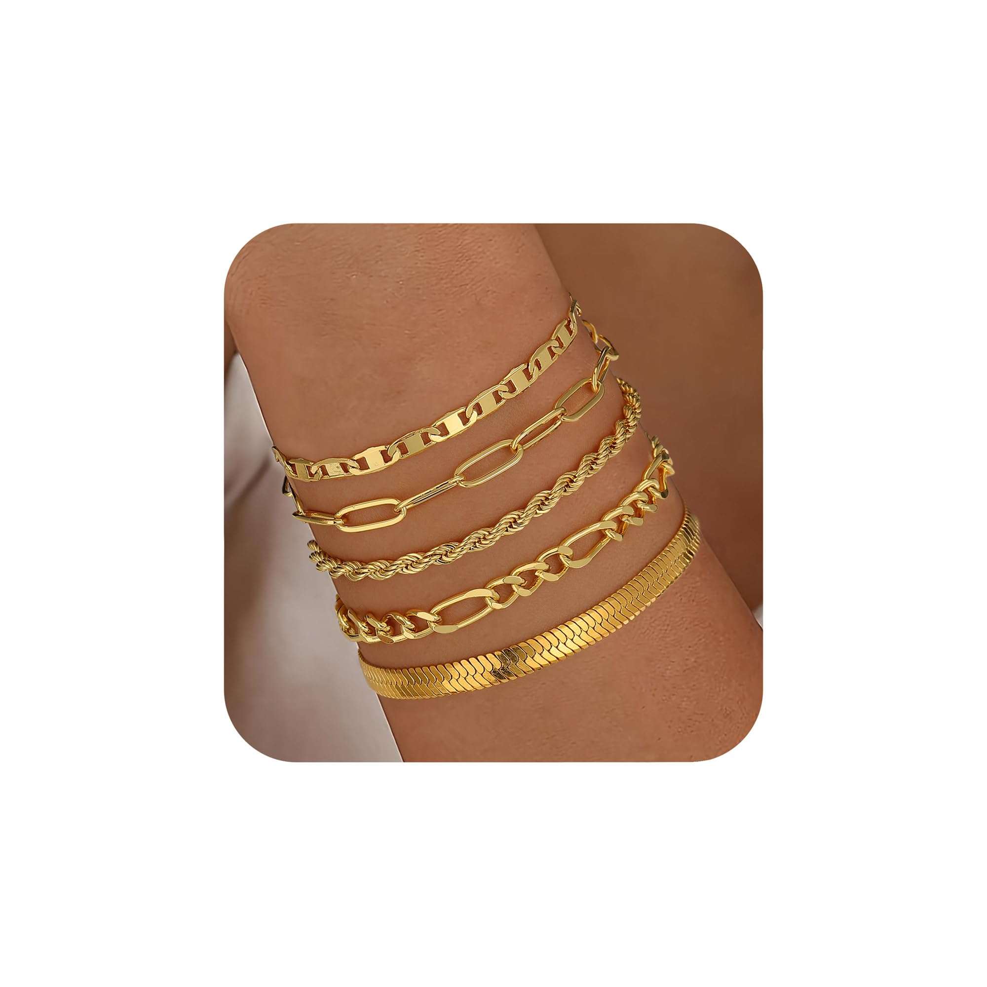 Trendy gold plated bracelet set for women with multiple chain styles and velvet gift bag