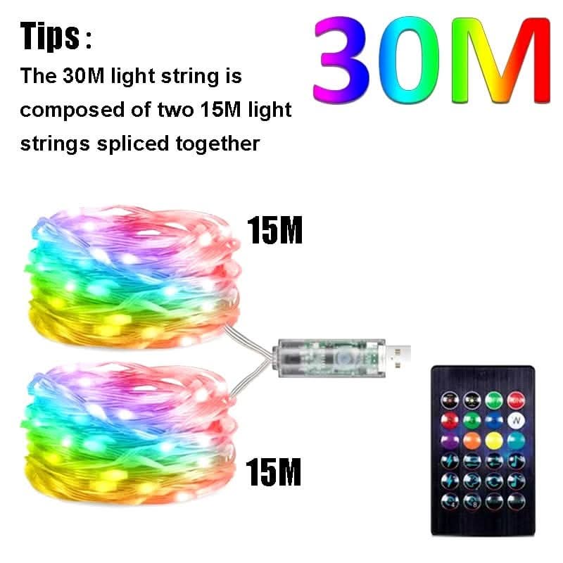 Waterproof RGB String Lights glowing in vibrant colors with remote control on outdoor tree