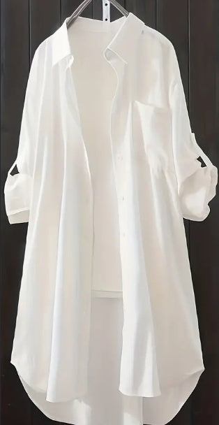 White solid patched pocket long sleeve button front women's shirt made of polyester and spandex