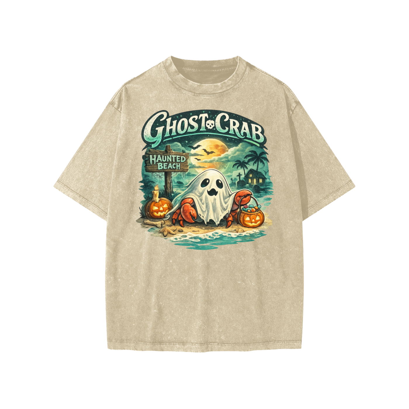 Ghost Crab Snow Washed Kids' T-Shirt featuring vintage coastal Halloween graphic on soft 100% cotton fabric