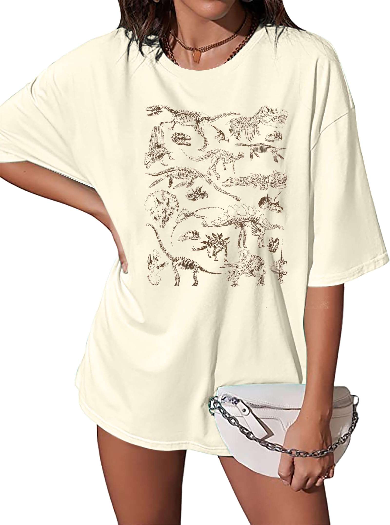 Women's prehistoric skeleton graphic t-shirt with vintage dinosaur fossil design, soft breathable fabric, perfect for dinosaur lovers