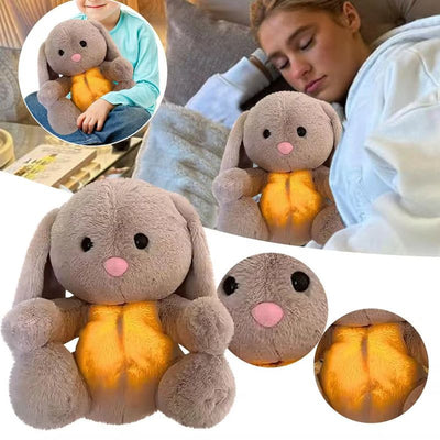 Breathing Rabbit plush toy with soft rhythmic belly movement, calming music, and dim lighting for baby anxiety relief and sensory development