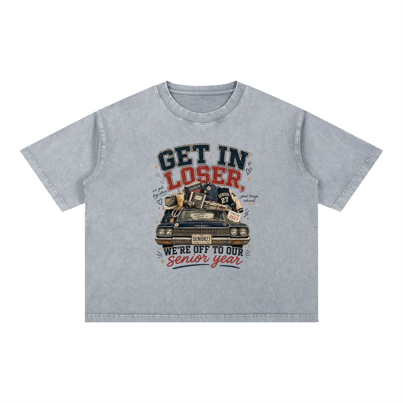 Mineral wash boxy cotton t-shirt with oversized fit and senior year 2027 graphic design