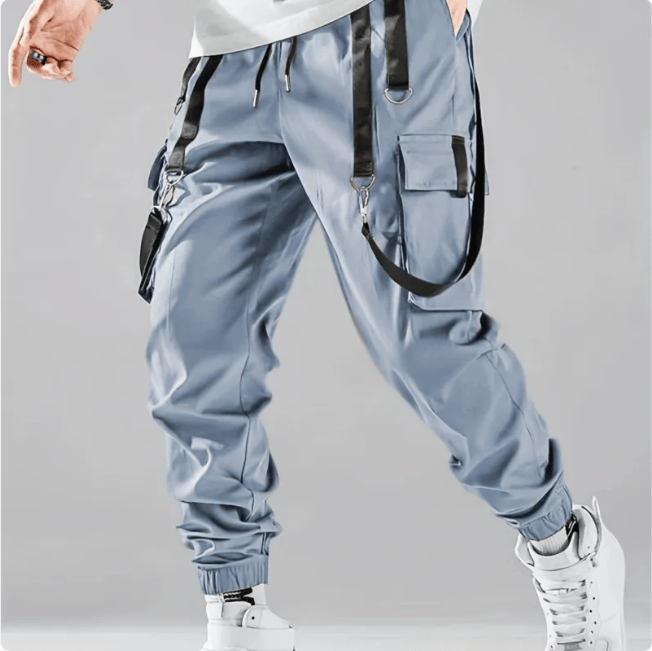 Multi-pocket techwear cargo pants in black, dark gray, light blue, and khaki, loose-fit polyester trousers for casual and outdoor wear