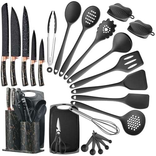Premium 25-piece kitchen set with ergonomic silicone utensils, rose gold knives, and space-saving storage