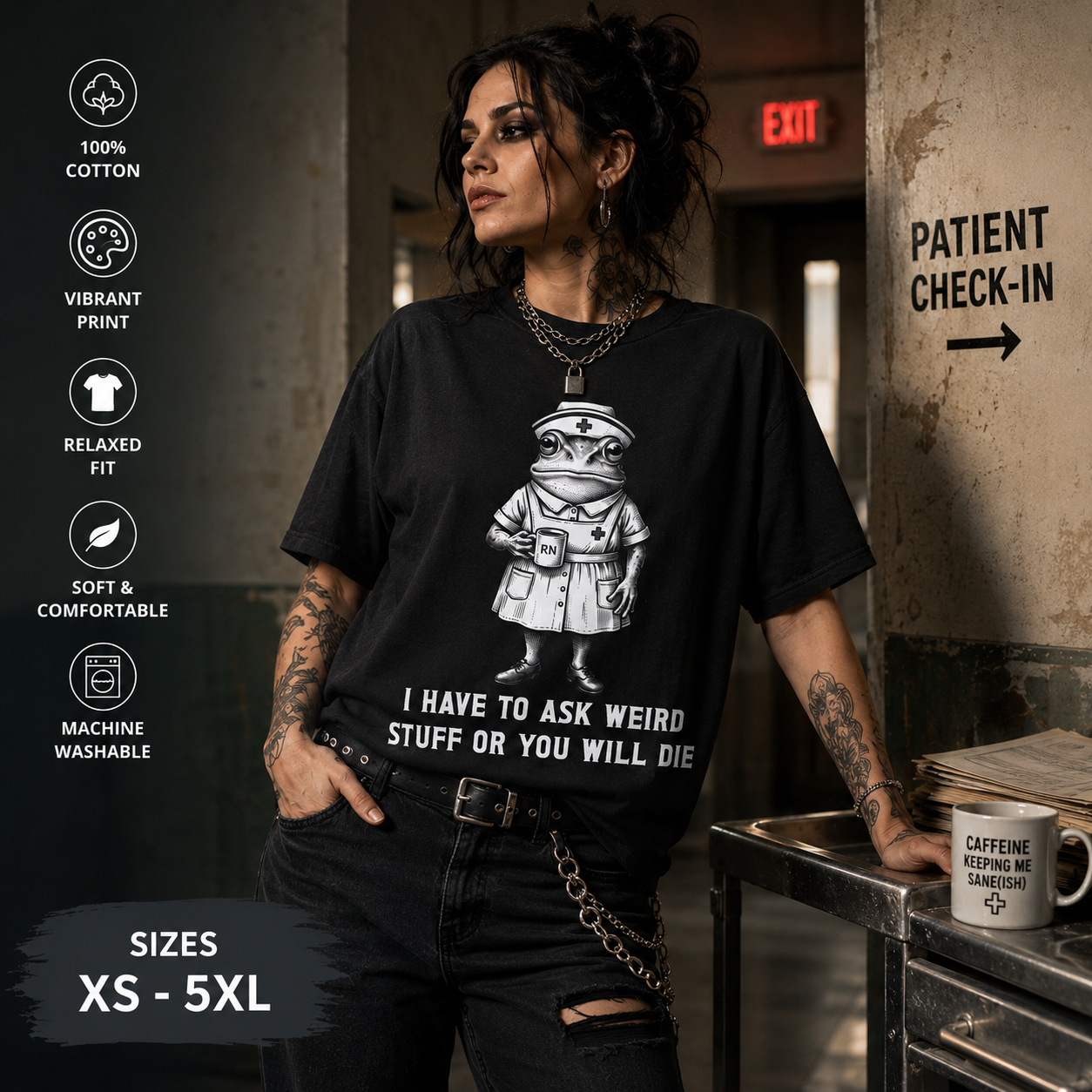 Creepy nurse illustration with bandages and dark humor text on a white T-shirt