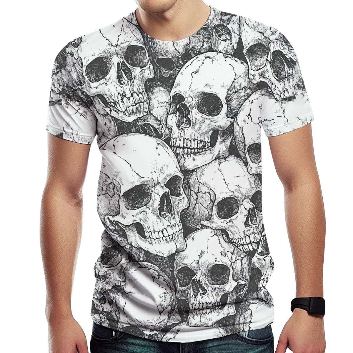 Mens skull graphic tshirt with 3D printed skeleton design, short sleeve casual summer tee