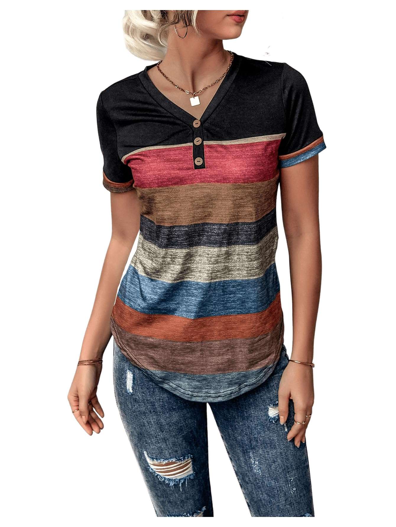 Womens striped V-neck tee in various sizes with detailed measurements