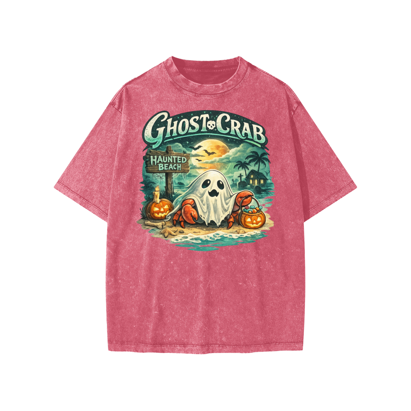 Ghost Crab Snow Washed Kids' T-Shirt with coastal Halloween ghost crab graphic on vintage cotton fabric