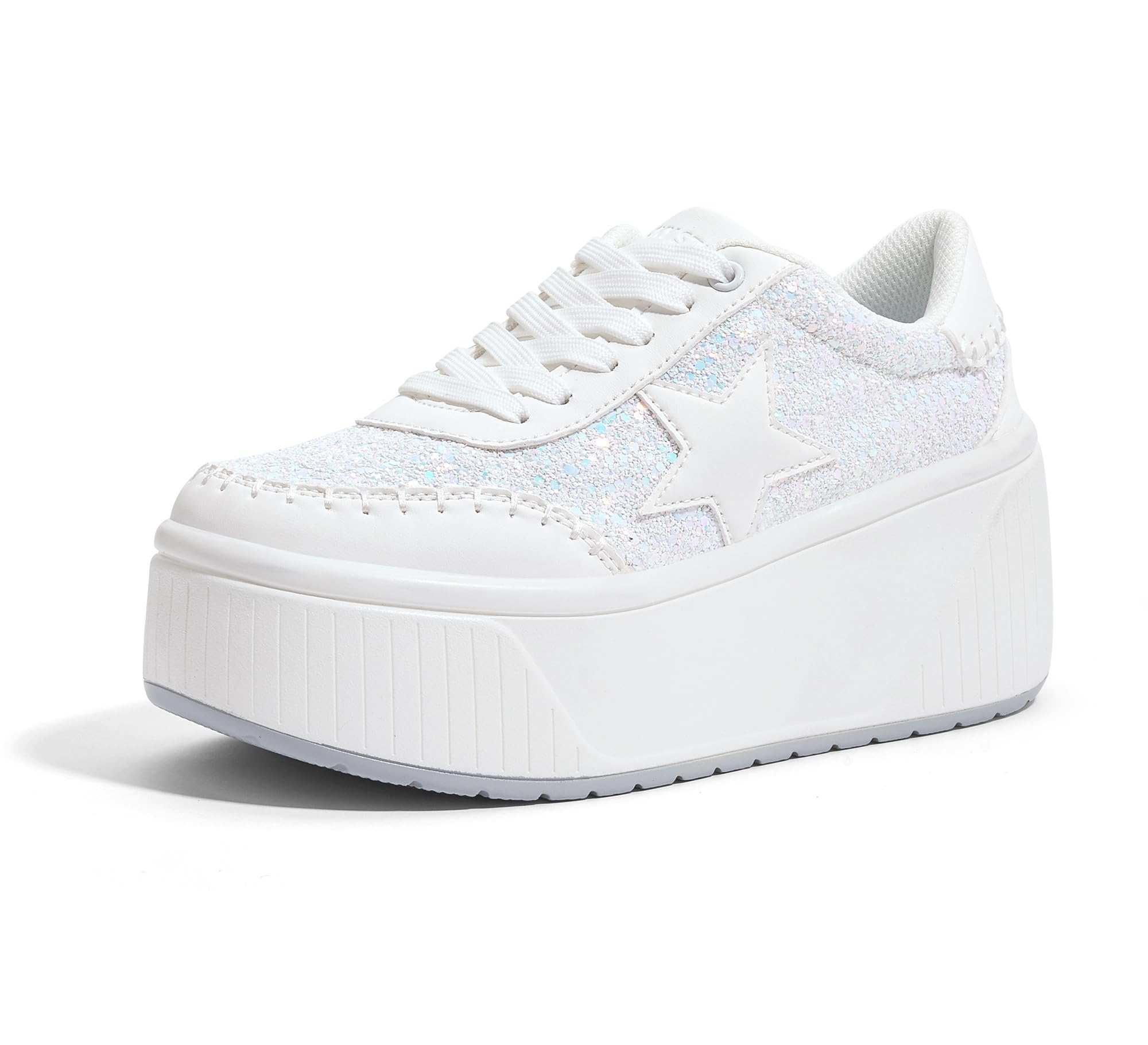 Womens chunky sneakers with 2.99-inch thick outsole, glittery star design, breathable mesh lining, and memory foam insole for comfort and style
