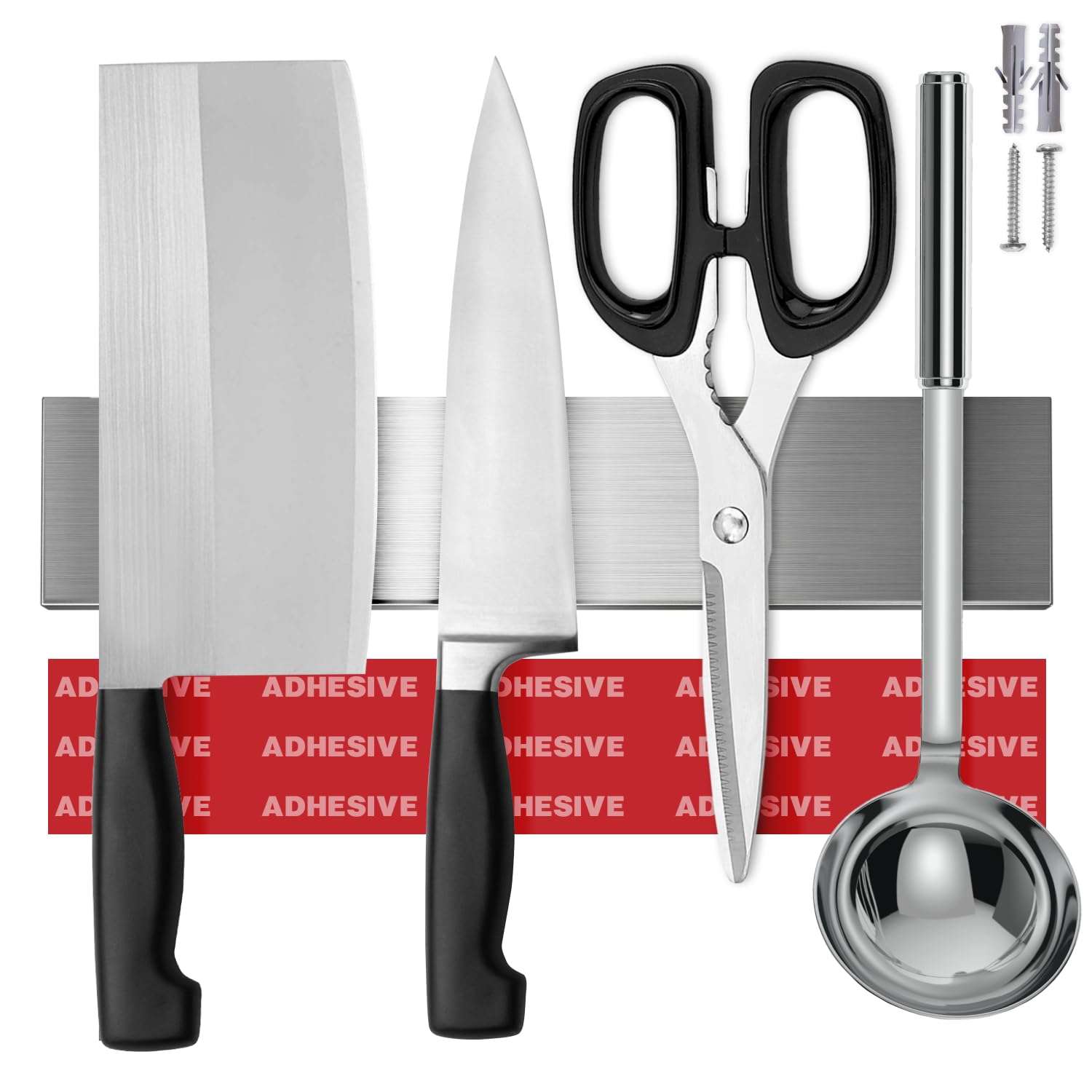 VersaMount 10-inch magnetic knife and tool strip with adhesive backing and screws for wall mounting