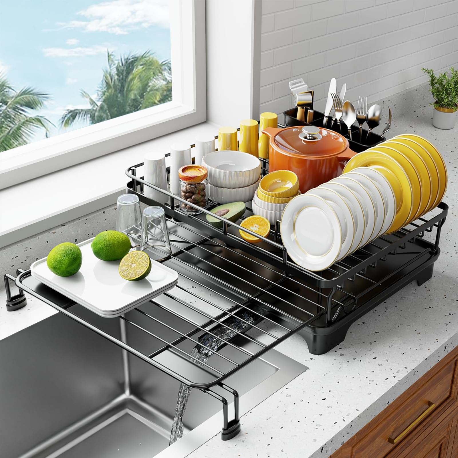 Large Over-the-sink dish rack with drainer and extendable rack for efficient drying