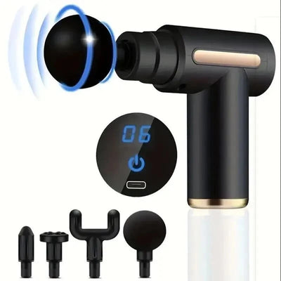 Electric fascia gun massager with digital display and four interchangeable heads for full body muscle relaxation.