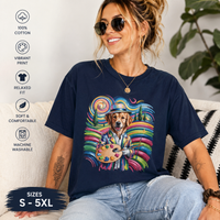 Golden retriever wearing artist beret with paint palette and rainbow swirls on colorful artist dog t-shirt